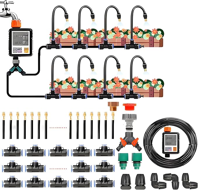 Drip Irrigation System KitAutomatic Garden Watering System for GreenhouseLawnRaised BedFlower BedMicro Misting Plant Sprinkler System with Irrigation TubingAdjustable Drip Emitters50m/164ft