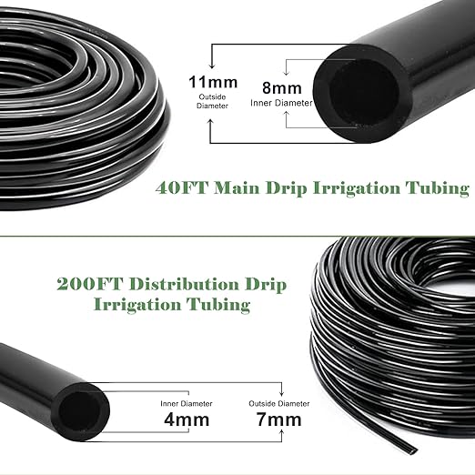 200FT+40FT Drip Irrigation System Garden Watering System with 8/11mm Main Tubing 4/7mm Distribution Irrigation Tubing and Accessories Irrigation System for Garden Greenhouse Yard Lawn Plant