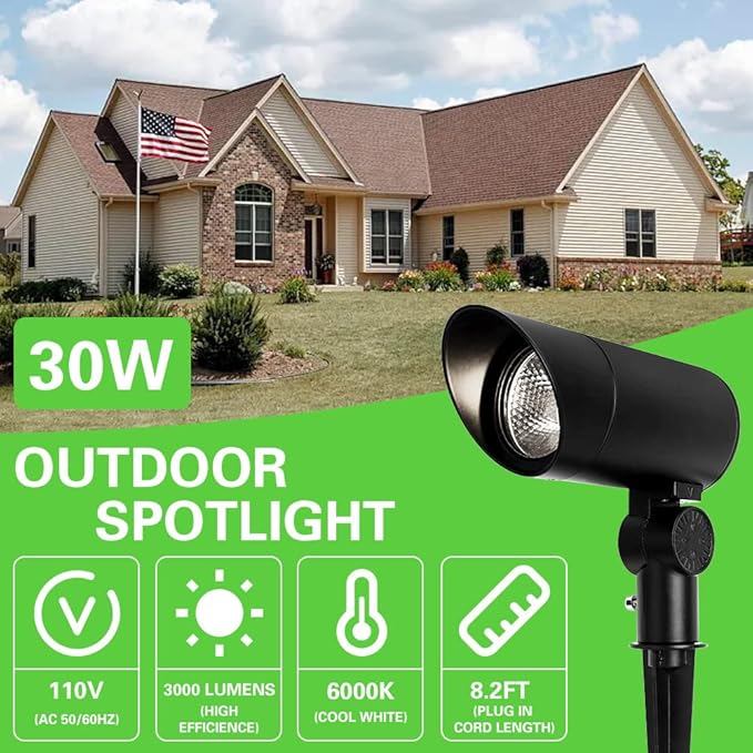 30W LED Landscape Spotlight Flag Pole Light110-260V Outdoor Spotlights Weatherproof Landscape Lighting with Stake US 3-Plug 8.2FT Cord 2PACK 3000LM(6000K Cool White)
