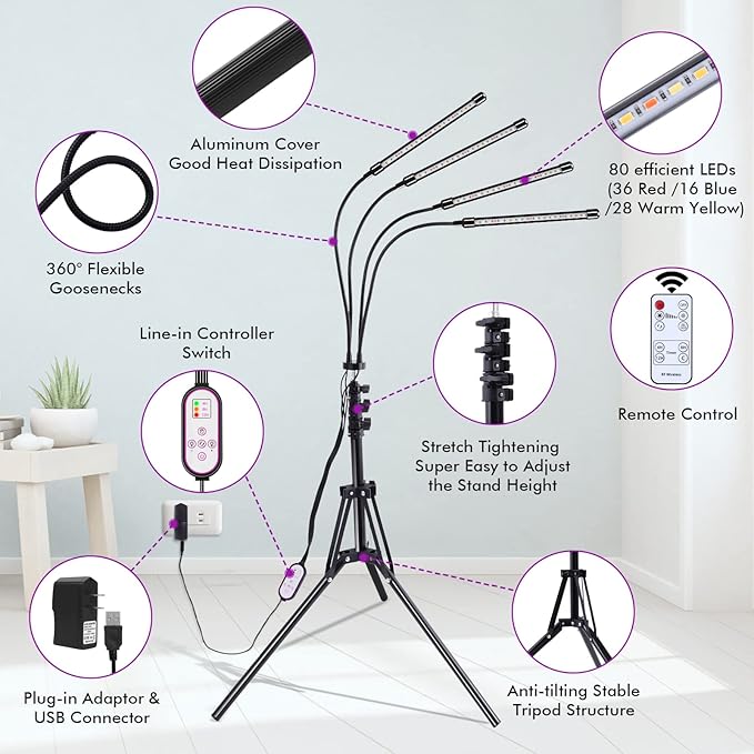 Plant Grow Lights for Indoor Plants Full Spectrum LED Floor Plant Lights for Indoor Growing with Adjustable Stand (14-63) Indoor Plant Grow Lamp with Timer Auto On/Off for House Plants