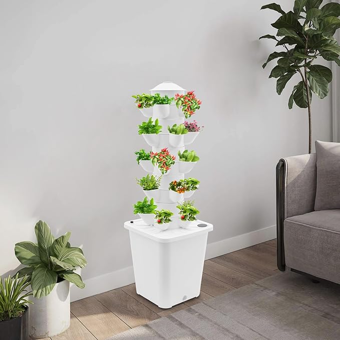 Hydroponic Tower Vertical Planter Tower Hydroponics Growing System Kit Food Grade Home Gardening Mechanism with 25 Pods (White)