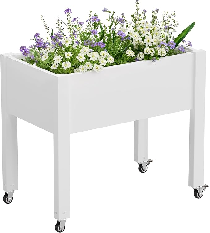 Elevated Raised Garden Bed with Wheels - Outdoor Mobile Resin Planter Box with Drainage Holes for Vegetables Flower Herbs Weather Resistant White (26.3 h)