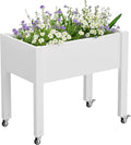 Elevated Raised Garden Bed with Wheels - Outdoor Mobile Resin Planter Box with Drainage Holes for Vegetables Flower Herbs Weather Resistant White (26.3 h)