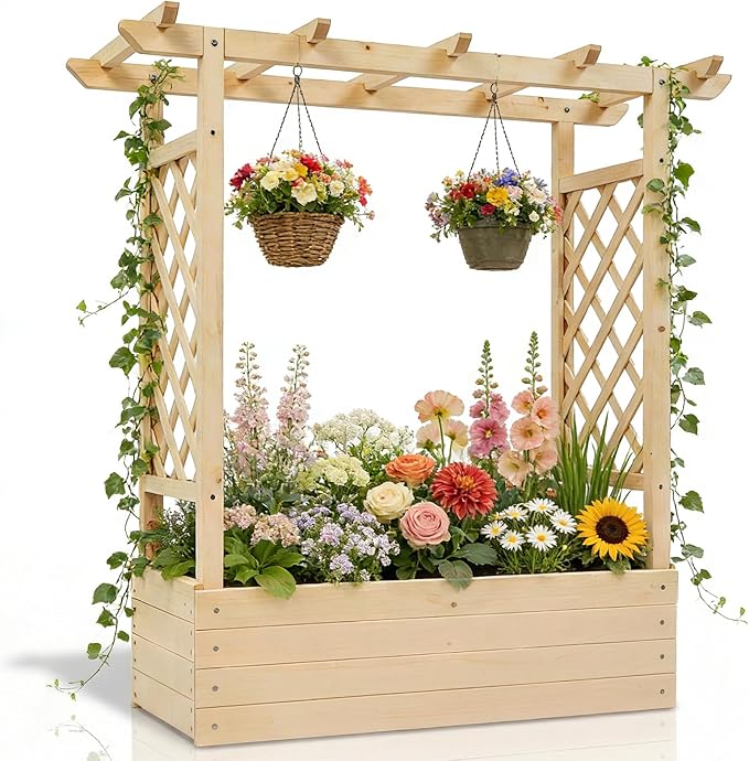 Outvita Raised Garden Bed with Trellis Wood Planter Box with Hanging Roof Side Trellis and Drainage Holes Above Ground Elevated Garden Bed for Outdoor Climbing Plants Vegetables (Natural Wood)