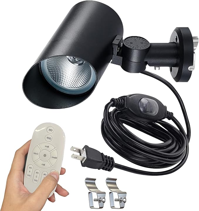 Kiven LED Indoor/Outdoor Waterproof Spotlight7 Watts Dimmable Porch Light with 9.84 FT Plug-in Cord and Remote Control Plug in Accent Light with Vinly Siding Hooks for Plants Porch Garden