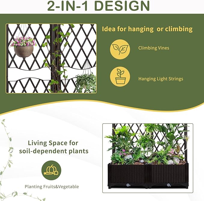Raised Garden Bed with Trellis 48H Large Outdoor Planter Box for Climbing Plants UV-Resistant Wicker Elevated Garden Planter with Drainage Holes Suit for Flowers Vegetables Balcony or Patio