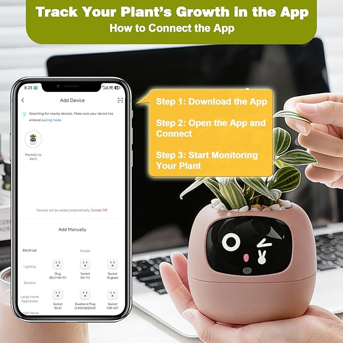 Smart Planter with App Control Self-Watering AI Plant Pot with LCD Display Interactive Desk Plant Companion for 100+ Plants Smart Indoor Planter with Pomodoro Timer80ml ReservoirCalendar-Pink