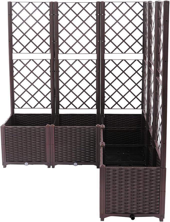 5 Pcs Plastic Plant Box with Metal TrellisRaised Garden Bed with Trellis for Climbing PlantPlanter Box for Backyard Patio Balcony(47.24 * 47.24 * 55.91inBrown)