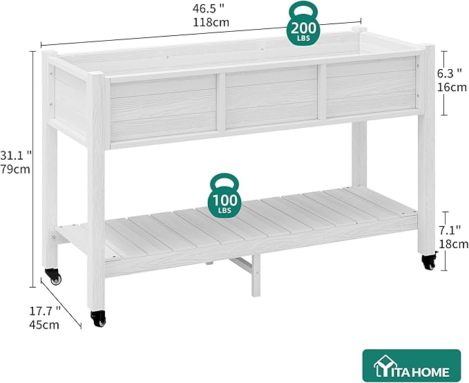 YITAHOME Raised Garden Bed HDPE 47x18x31In Raised Flower Bed Poly-Wood Weather-Resistant Elevated Planter Box with Lockable Wheels &amp Storage Shelf for Vegetable Flower White
