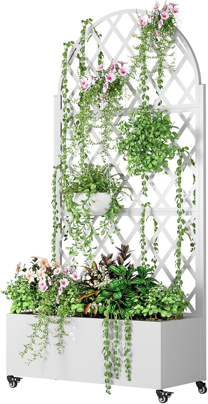 72 Tall Galvanized Steel Planter Box with Trellis - Rust-Resistant Raised Garden Bed with Wheels &amp Drainage Holes 35 L x 16 W Space-Saving Vertical Planter for Outdoor/Indoor Black