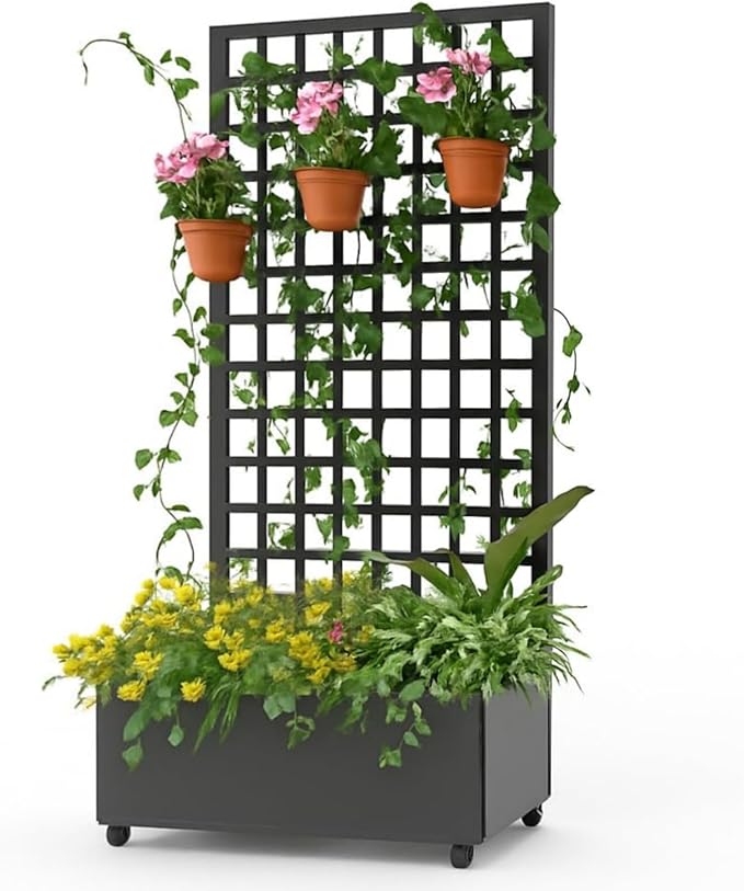 GarveeHome Metal Raised Garden Bed with Trellis and Wheels Planter Box for Climbing Plants Vegetables with Square Lattice Trellis Drainage Holes &amp Privacy Screen for Garden &amp Backyard