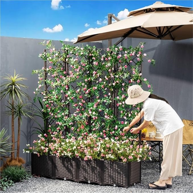 Plastic Garden Bed with Climbing Rack Planter Boxes Outdoor Climbing Rack Garden Box for Home Balcony Vegetable Planting Movable Raised Garden Beds Outdoor(Brown40cm/15.7in)