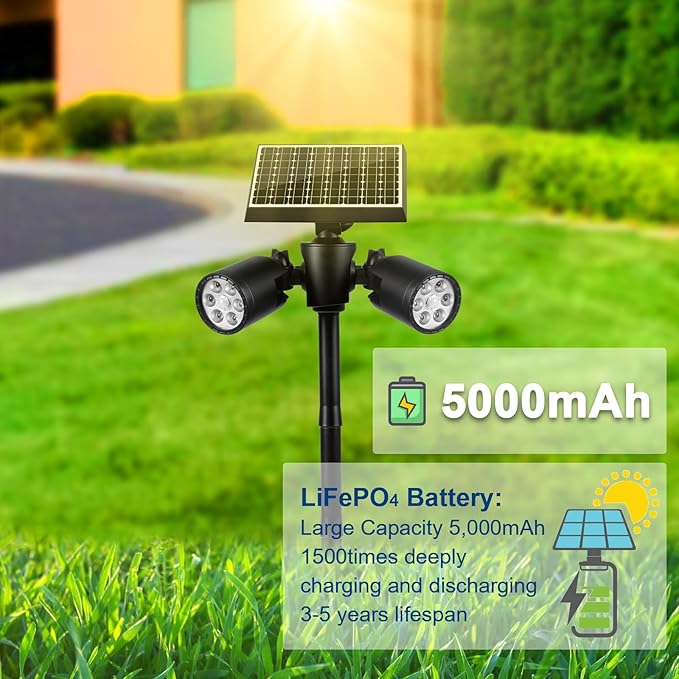 EMANER Outside Motion Solar Lights 5000mAh Auto Detect On/Off or Always On Security Light Solar Spotlights Wall Mount Dusk to Dawn Solar Powered Floodlights with Stake for Lawn Landscape 2Pack