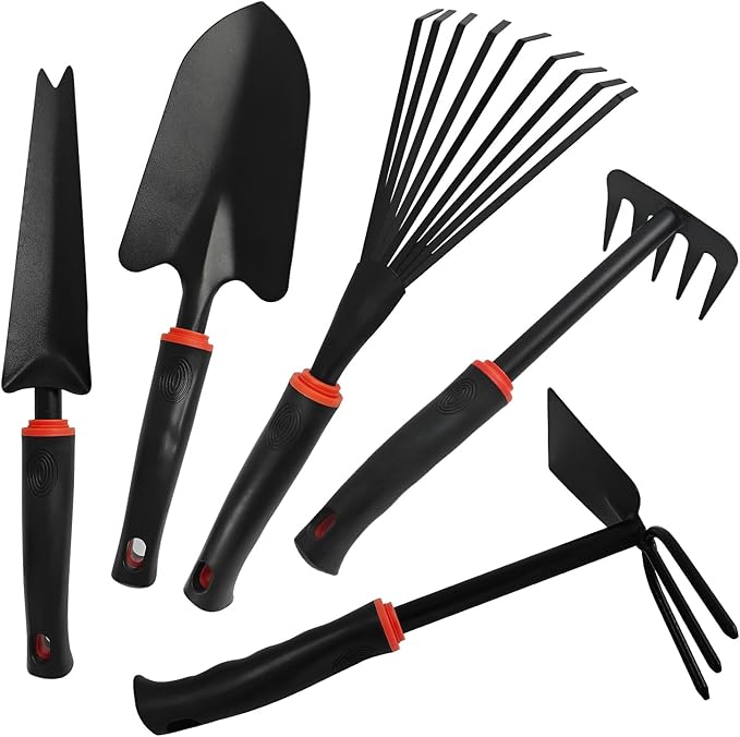 FR 5-Piece Garden Tool Set – Heavy Duty Hand Weeder Kit with Trowel Cultivator &amp Rake – Ergonomic Manual Gardening Tools for Digging Planting &amp Weed Removal in Lawn &amp Flower Beds