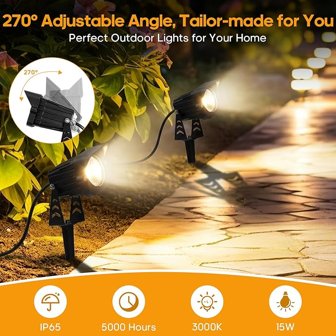Dusk to Dawn Outdoor Lighting 15W Spot Lights Outdoor with Photocell Sensor 3000K Warm White Landscape Lighting IP65 Waterproof LED Spotlight for Garden Yard Flag Tree 5.91FT Cable US Plug