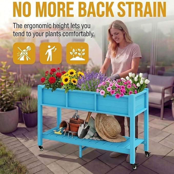 DWVO 47x18x31in Raised Garden Bed HDPE Weather-Resistant Poly Wood Planter Box Stand Planter Box with Legs Storage Shelf &amp Lockable Wheels Elevated Garden Bed for Backyard Patio - Aruba Blue