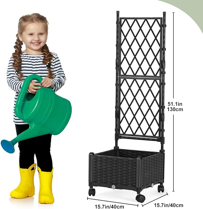 Planter Box with Trellis 4ft Tall Self-Watering Plastic Raised Garden Beds and Lattice Trellis with Lockable Wheels &amp Drain Plug for Outdoor Patio Backyard Balcony Black 1 Pc