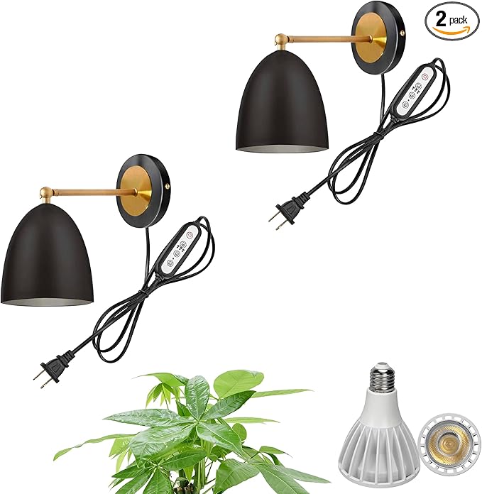 2-Pack Hook Type Wall Mounted Plant Light Full Spectrum White Light 6000K 25W Bulb Black Vintage Plug in Cord Timing Wall Lamps for Indoor Growing Plants Flowers
