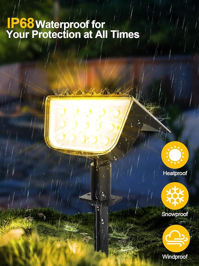 Solar Spot Lights Outdoor Ultra Bright Solar Garden Lights Warm White IP68 Waterproof Landscape Spotlights 800LM 2700K for Yard Garden Wall Driveway 4 Pack