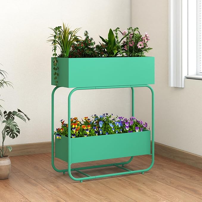 AIIT 2-Tier Metal Raised Garden Bed Planter Box with Drainage Double Layer Flower Stand for Vegetables and Herbs Indoor Outdoor