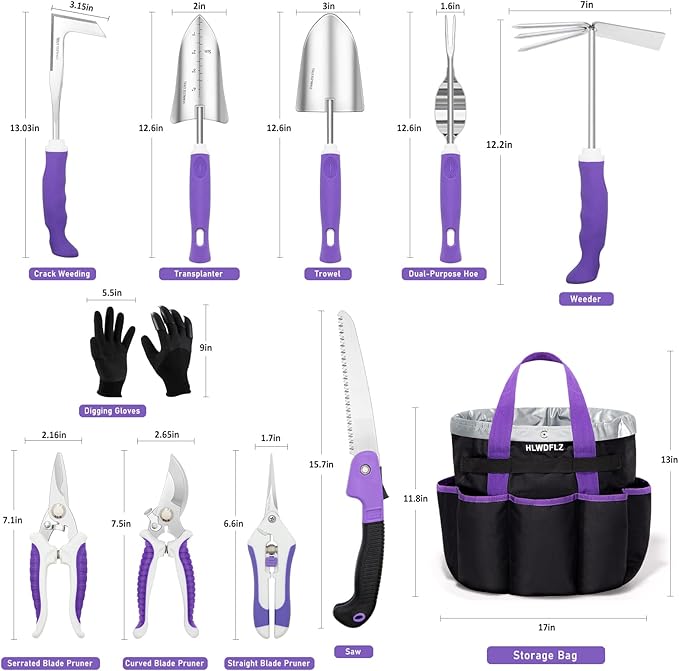 Purple Garden Tool Set Gardening Items for Women - 11PCS Heavy Duty Garden Tools with Detachable Storage Bag Weeder Dual-Purpose Hoe