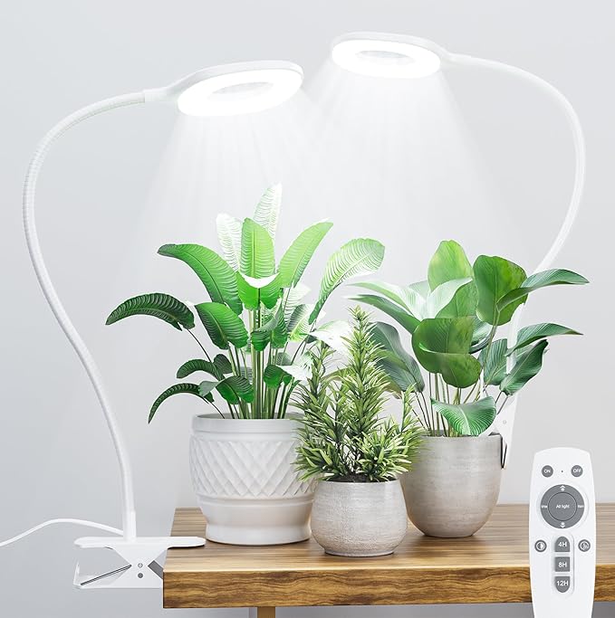Full Spectrum Grow Lights for Indoor Plants Clip On Plant Lights for Indoor Growing with 4/8/12H Timer 3 Light Modes 10 Dimmable Levels Adjustable Gooseneck Remote Control 2-Pack