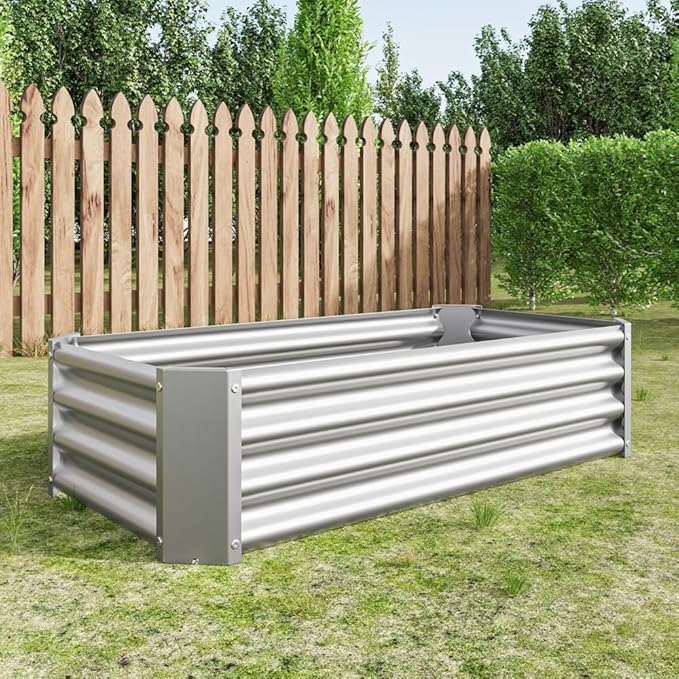 Outdoor Metal Raised Garden Bed Rectangle Raised Planter 4×2×1ft for Flowers Plants Vegetables HerbSucculents (Silver)
