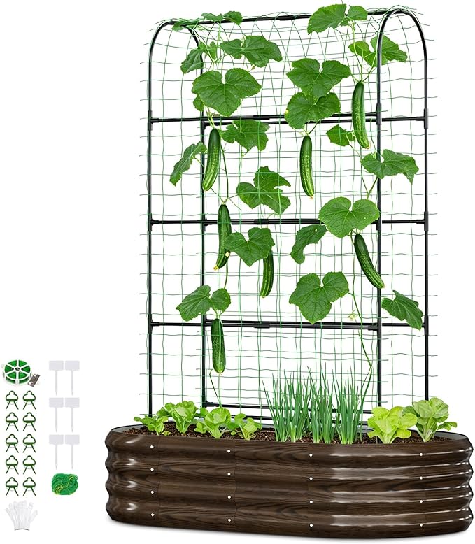 2 in 1 Galvanized Raised Garden Bed with 71 H Arch Trellis for Climbing Plants Outdoor Gardening Planter Box with Climbing Net for Flowers Vegetables Fruits Herbs Wood Grain
