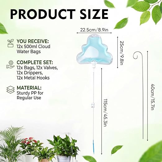 Zhengmy 12 Pcs Cloud Plant Drip Irrigation Self Watering Devices with Flow Regulator Automatic Plant Watering System with 500ml Drip Water Bag and Support Rod Stake for Potted Indoor Outdoor Waterer