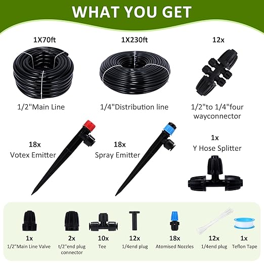 300FT Drip Irrigation System Kit Automatic Garden Watering Misting System with 70FT1/2 inch Hose 230FT 1/4 inch Distribution Tubing and Accessories for Garden Lawn Greenhouse Plant Flower Bed