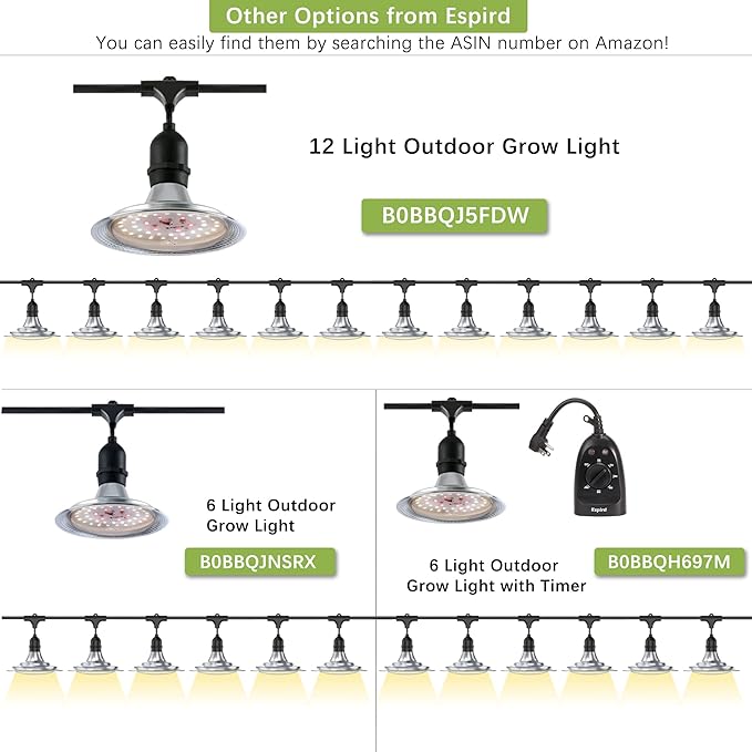 Espird Outdoor LED Grow Light with Timer 12-Light Full Spectrum Grow Light Strip Waterproof Plant Lamps UL Certified String Grow Lights for Greenhouse Garden 41FT Light for Veg Seedling Flower