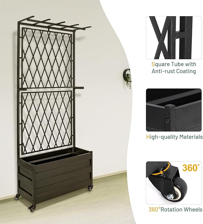 Metal Planter Box with Lattice Trellis and Wheels 70 inches Tall Heavy Duty Planter Box &amp Raised Garden Bed with Trellis for Climbing Plants Flowers with Drainage Holes 30Lx12Wx70H Inches
