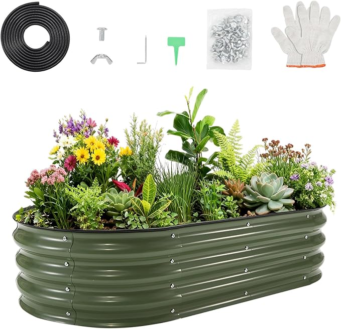 4X2x1Ft Galvanized Raised Garden Bed-Outdoor Birdies Raised Bed for Gardening Flowers and VegetablesOpen Base DrainageSafe Rubber Edging Rust-Resistant Steel