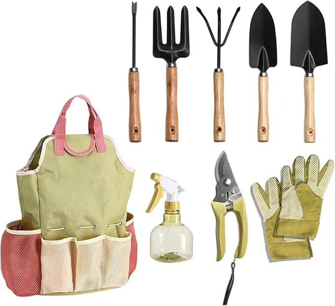 Gardening Tool Kit - 9-Piece Heavy Duty Garden Tool Sets with Ergonomic Non-Slip Grips Rust-Resistant Shovel Trowel Rake Pruner &amp Storage Bag