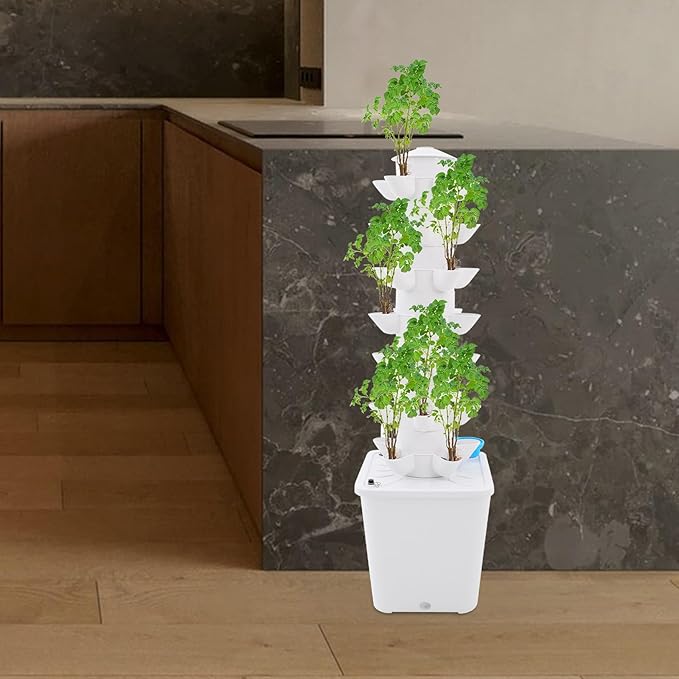 7 Tiers Hydroponic Growing Tower with Lights 35 Pods Vertical Planter w/Water Level Gauge &amp Planting Sponge Indoor Garden Hydroponics Growing System Kit for Vegetables Flowers Fruits-White