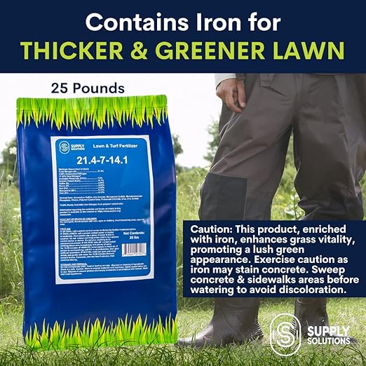 Supply Solutions 21.4-7-14.1 Lawn and Turf Fertilizer with Iron - Achieves a Lush Green Lawn in Weeks - Turf Builder for All Grass Types - for Greener Grass Fertilizer (25lbs)