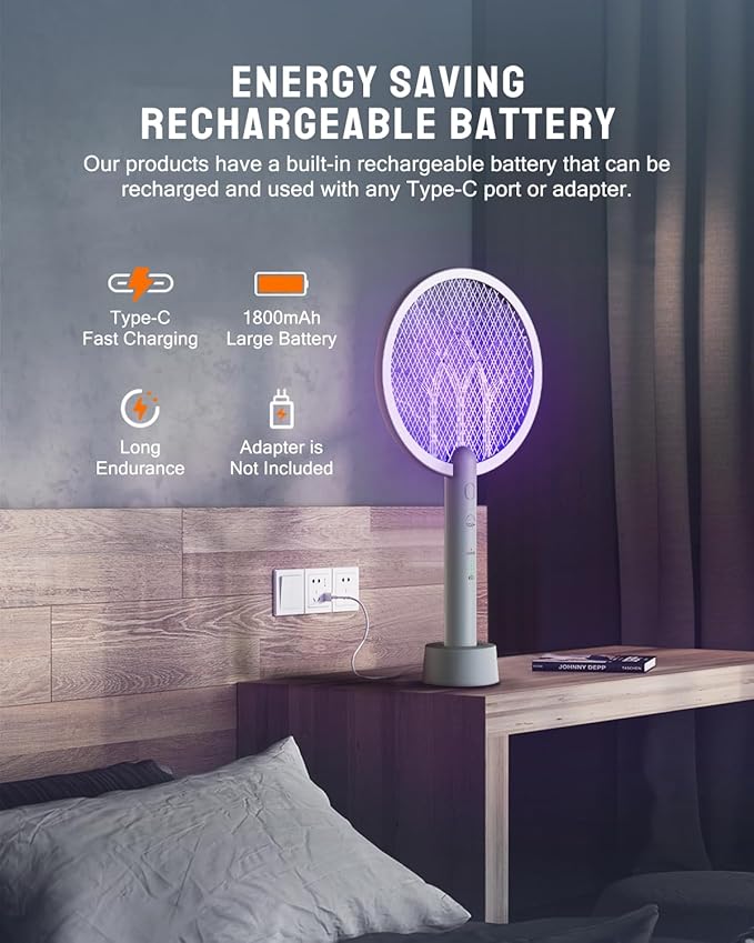 Electric Fly Swatter Racket 4000V Bug Zapper with 1800mah Rechargeable Battery &amp Dual Modes 2 in 1 Purple Mosquito Light Killer with 3-Layer Safety Mesh for Indoor Home Patio Camp(2 Pack)