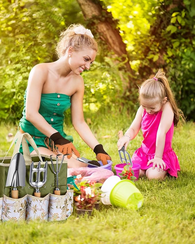 9-Piece Premium Gardening Tool Set for Women - Heavy Duty Stainless Steel Rust-Proof Tools with Fashion Storage Tote | Perfect Gardening Gifts for Mom Mother's Day Birthday &amp Outdoor (Green)