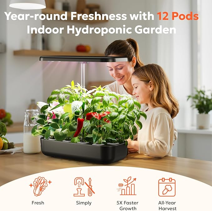 owltron Hydroponics Growing System Kit 12 Pods Indoor Herb Garden with 24W LED Grow Light Full Spectrum Planting Height Up to 20 Quiet Water Pump Indoor Gardening for Gifts Kitchen Black
