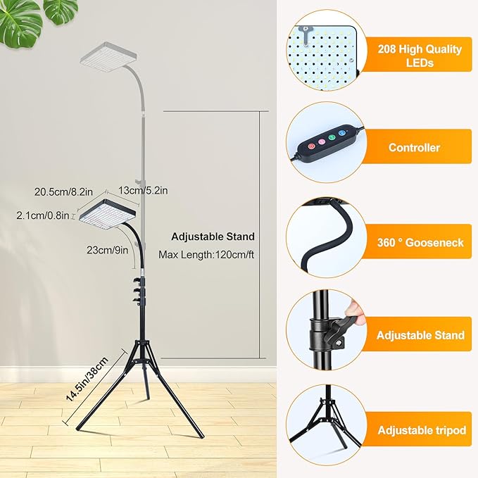 FECiDA 2026 Grow Lights with Stand Standing Grow Lights for Indoor Plants Bonsai Tree 4/8/12/16/20H Timer 25 Watt Power Draw NO Need Adapter Daisy Chain Function 24-64 Height Adjustable
