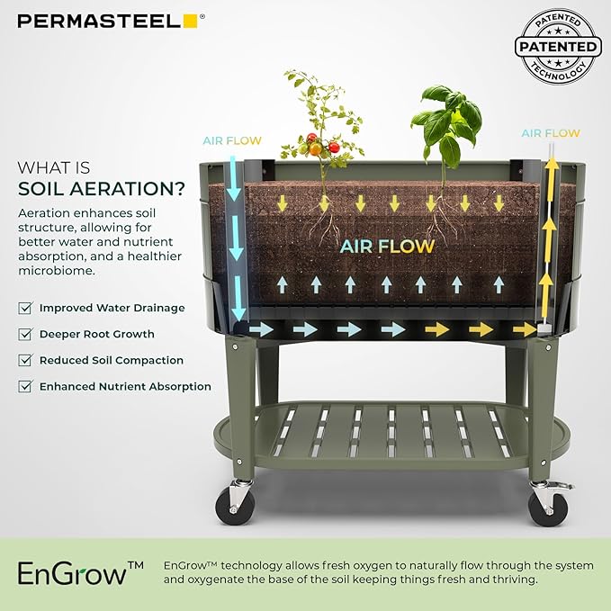 Permasteel Raised Garden Bed with Legs Planter Box with EnGrow™ TrueSoil™ Technology for Vegetables Flowers Herbs and Fruit Outdoor Indoor Storage Shelf Caster Wheels Green