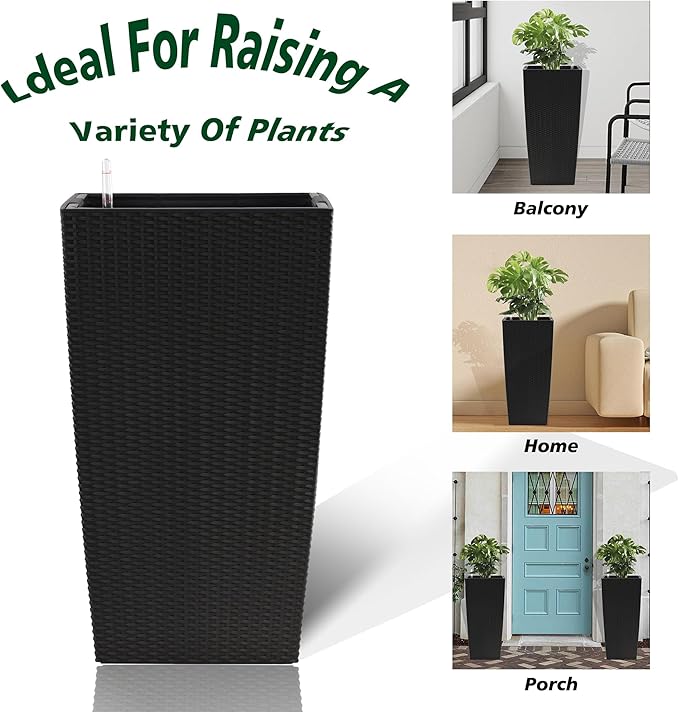 IndoorOutdoor Faux Rattan Square Planter 30 Inch Black Plastic Large Planter with Automatic Watering System for Home and G(Black 30 Inch 1)