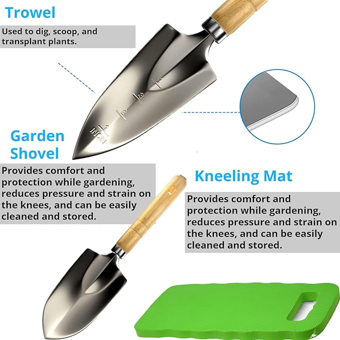 Scuddles Premium Gardening Kit for Women – 10 Stainless Steel Tools with Ergonomic Handles Tote Bag Kneeling Pad Shears Gloves Rake Trowel &amp Shovel – Garden Set for Planting Pruning &amp G