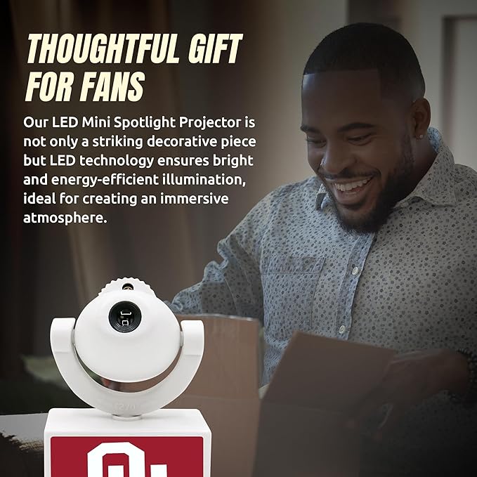 Sporticulture NCAA American Football Oklahoma Sooners - Adjustable Led Mini Spotlight Projector with 6 Team Logo Designs - Portable &amp Rechargeable Spotlight - Battery-Operated - 4.375” x 3.125”