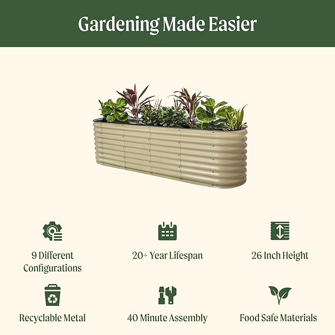 Vego garden 26 Extra Tall Raised Garden Bed Kits 9 in 1 Modular Raised Planter Box for Vegetables Flowers Fruits Oval Metal Raised Garden Pearl White