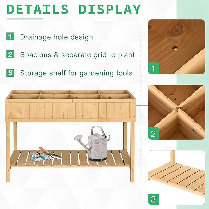 43x18x30in Raised Garden Bed with 8 Pockets and Shelf Wooden Elevated Planter Box with Legs to Grow Herbs Vegetables and Flowers Natural