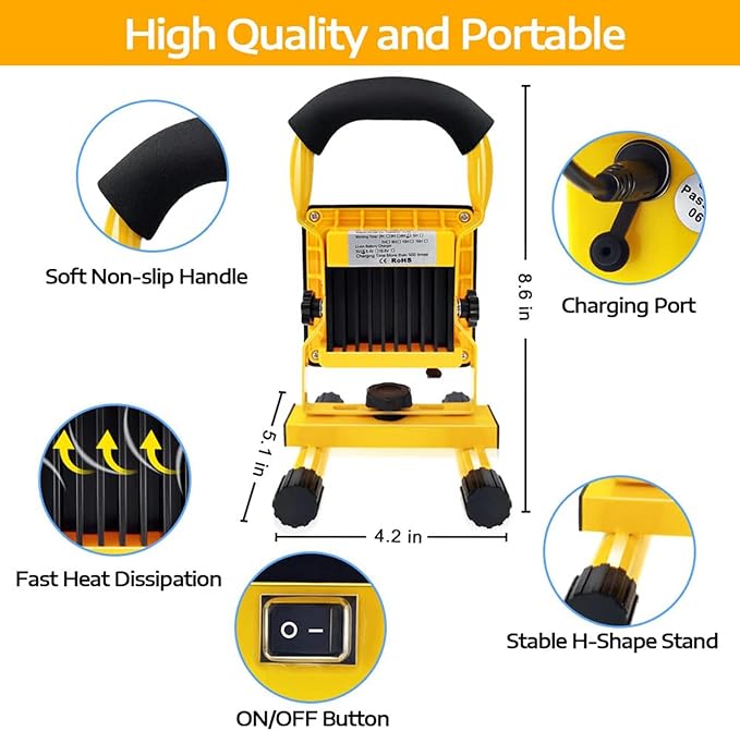 LED Rechargeable Work Floodlight10W /20W USB Battery Light Super Bright 2000LM Waterproof Outdoor Stand Lamp for Car Garage Camping(10W)