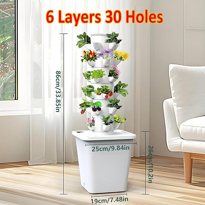 Vertical Hydroponic Tower Growing System KitHydroponics Tower System Hydroponic Tower Garden Irrigation Pump And Movable Water Tank For Indoor And Outdoor Herbs Fruits And(Size:6 Layers 18 Holes)