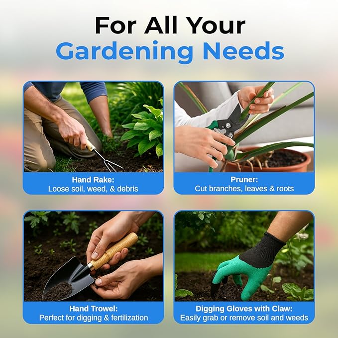 Scuddles All-in-One Gardening Tool Set with Large Storage Tote – Durable Rust-Resistant Hand Tools with Ergonomic Grip for Digging Weeding &amp Planting – Ideal Garden Gift for Women Men &amp Beg