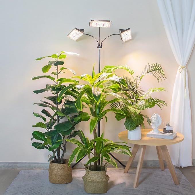 LORDEM Plant Grow Light with Stand Full Spectrum LED Growing Lamp Tri-Head with 3H/6H/12H Timer 6 Dimmable Levels 3 Lighting Modes 15-63 Adjustable Tripod